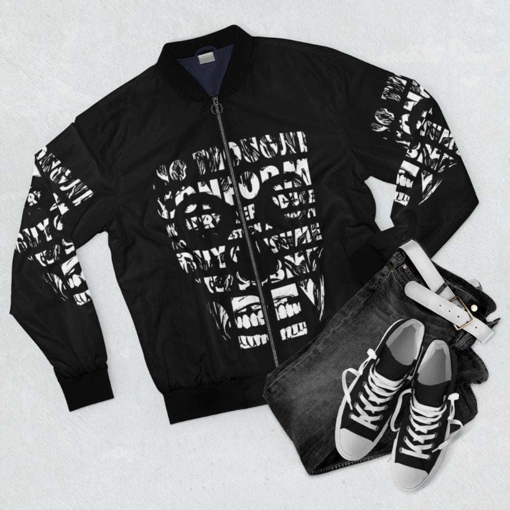 "They Live Black and White Bomber Jacket - Featuring the iconic horror sci-fi movie design" - Flat lay