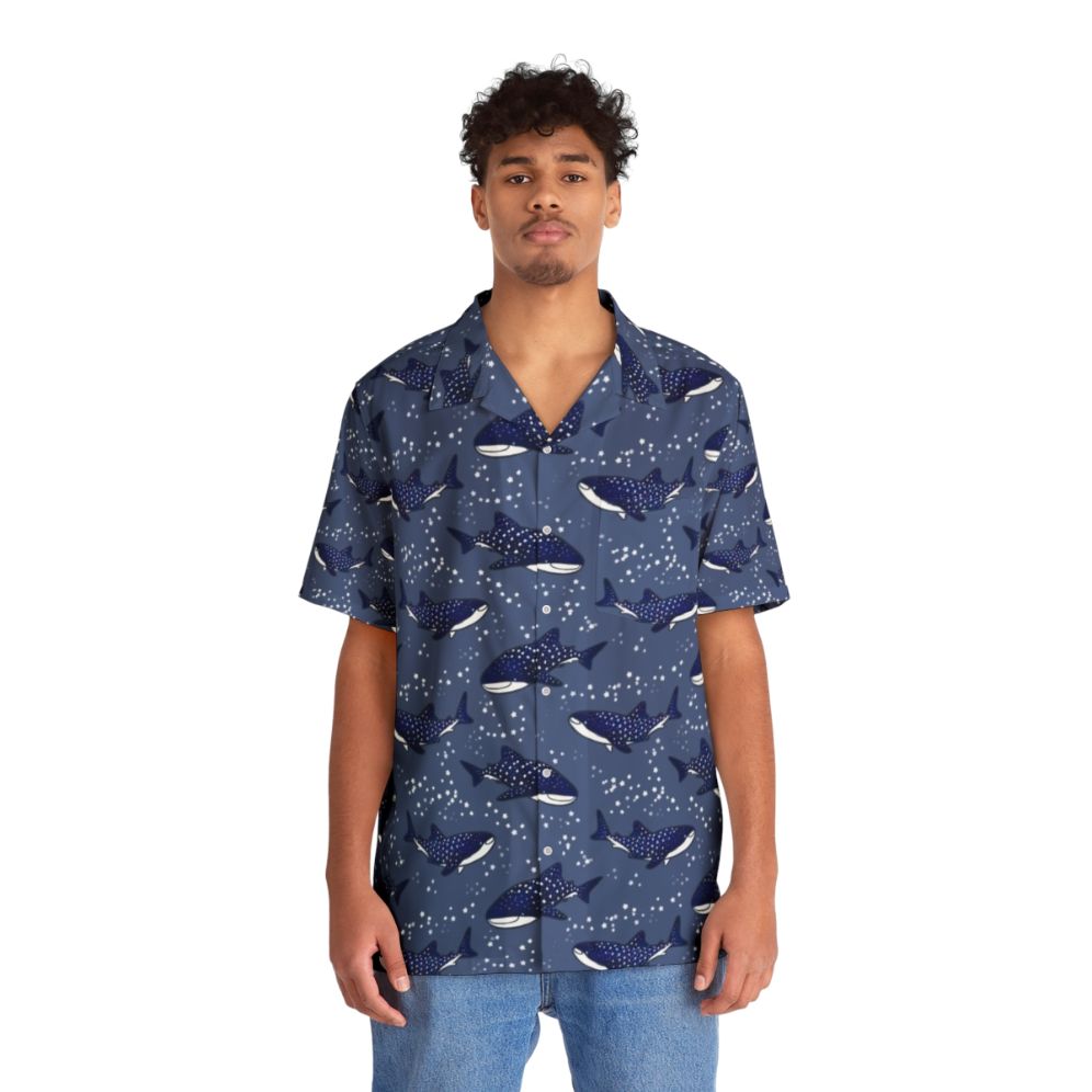 Dark blue Hawaiian shirt with cartoon whale sharks and starry night sky - People Front