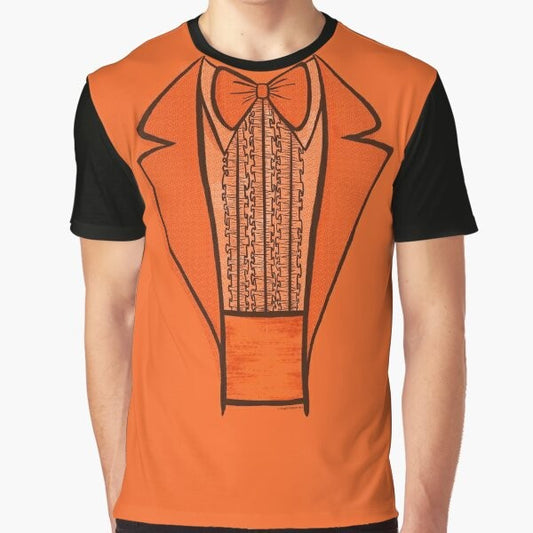 Lloyd and Harry from the movie Dumb and Dumber wearing orange tuxedos on a funny graphic t-shirt.