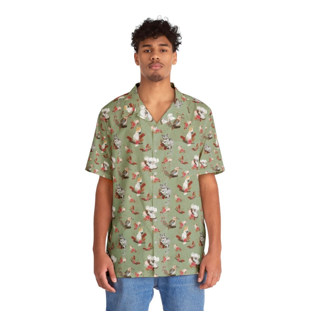 Colorful Australian eucalypt Hawaiian shirt featuring native flora and fauna - People Front