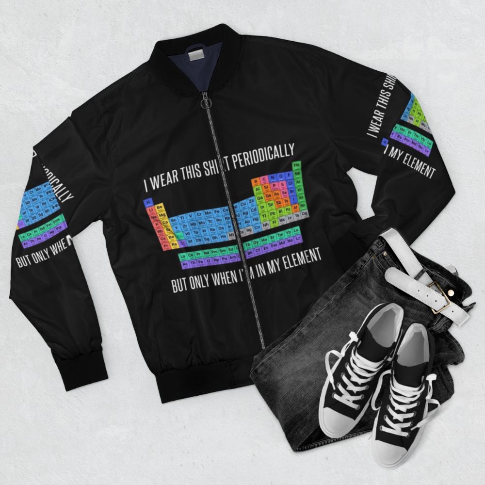 Funny Chemistry Periodic Table Bomber Jacket for Women and Men - Flat lay