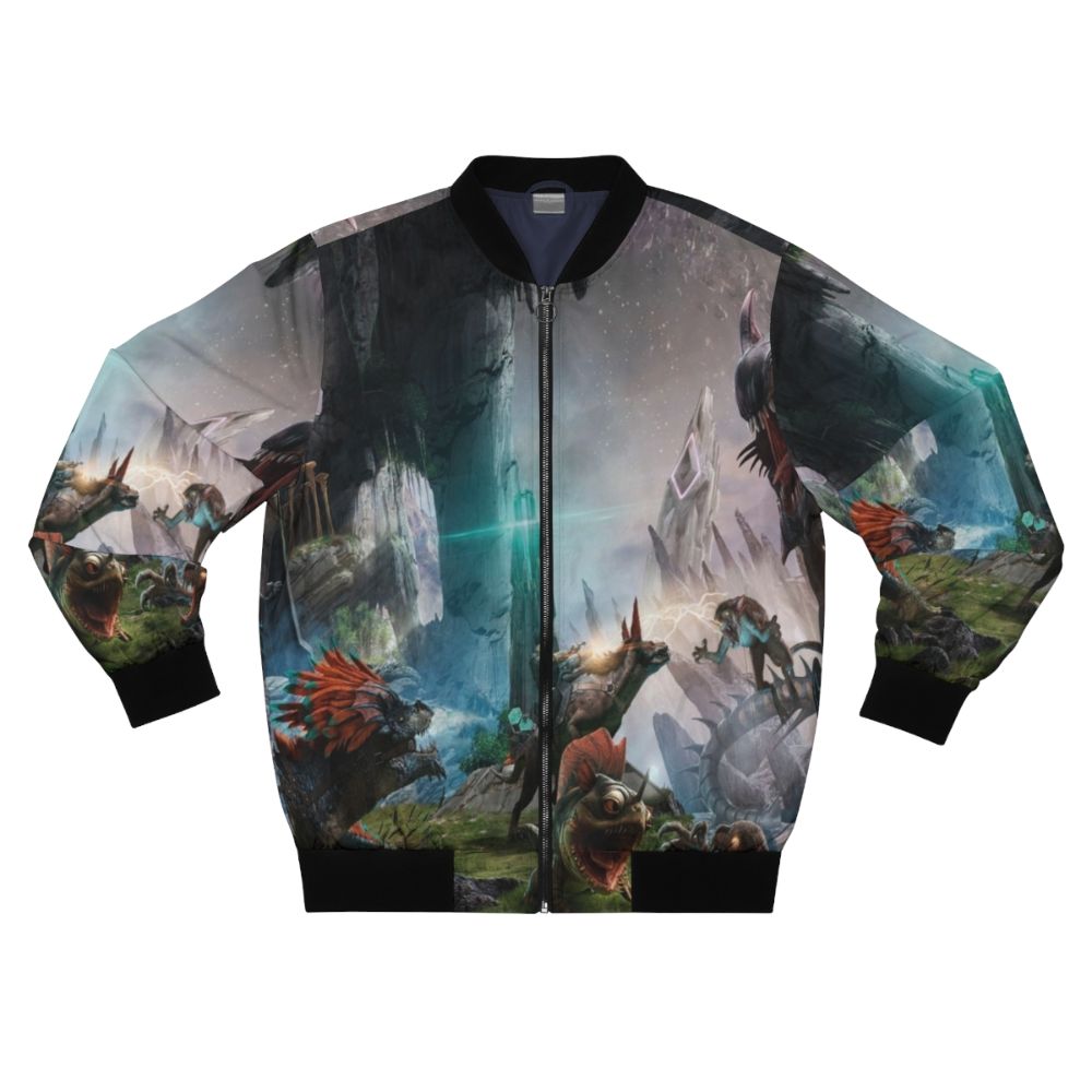 Ark Survival Evolved bomber jacket with dino fight graphic