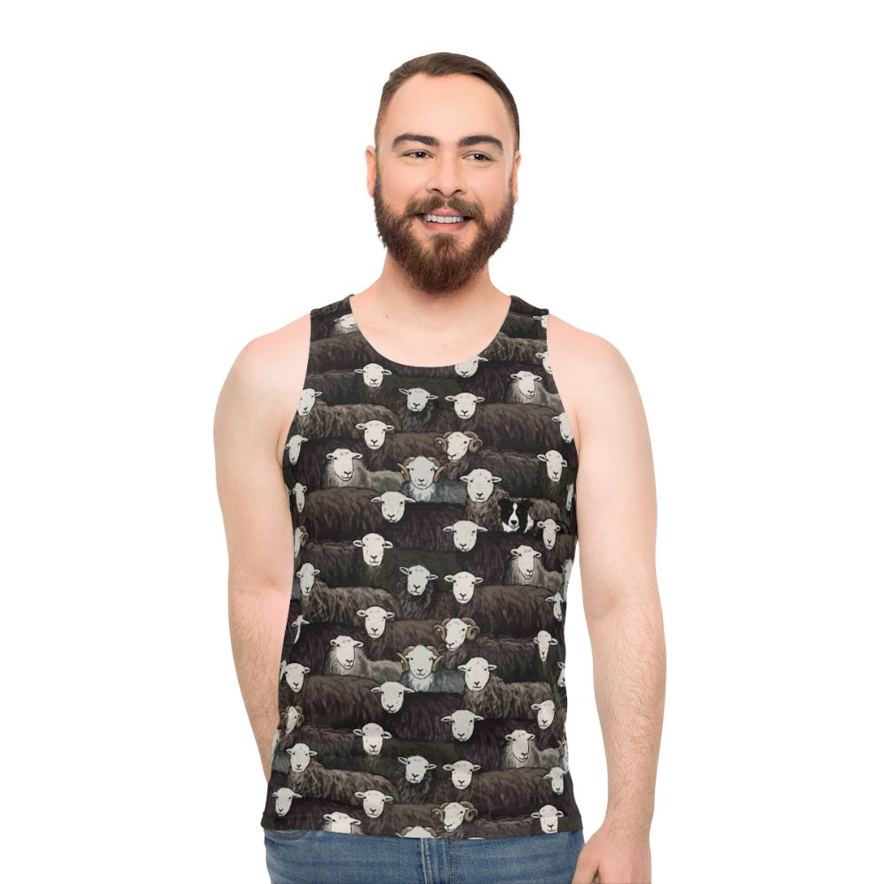 Herdwick Unisex Tank Top with Sheepdog and Farm Landscape Design - men