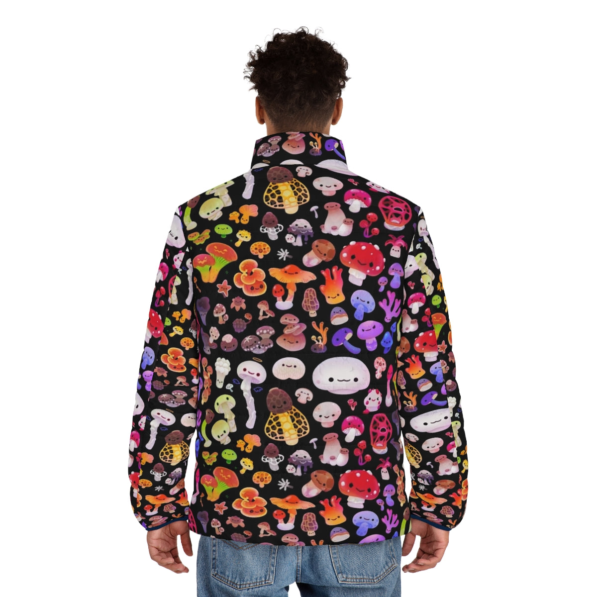 Mushroom-patterned puffer jacket in an outdoor, nature-inspired design - men back