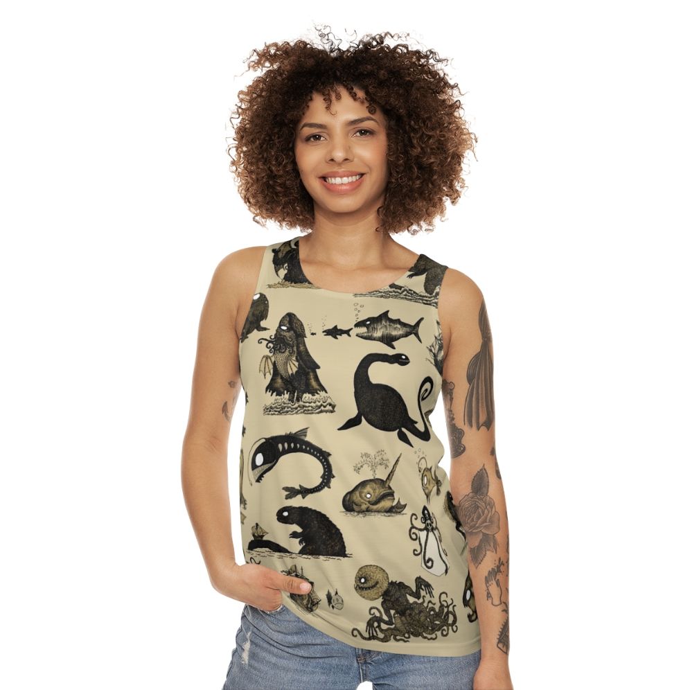 Unisex tank top with a pattern of mythical sea creatures - women