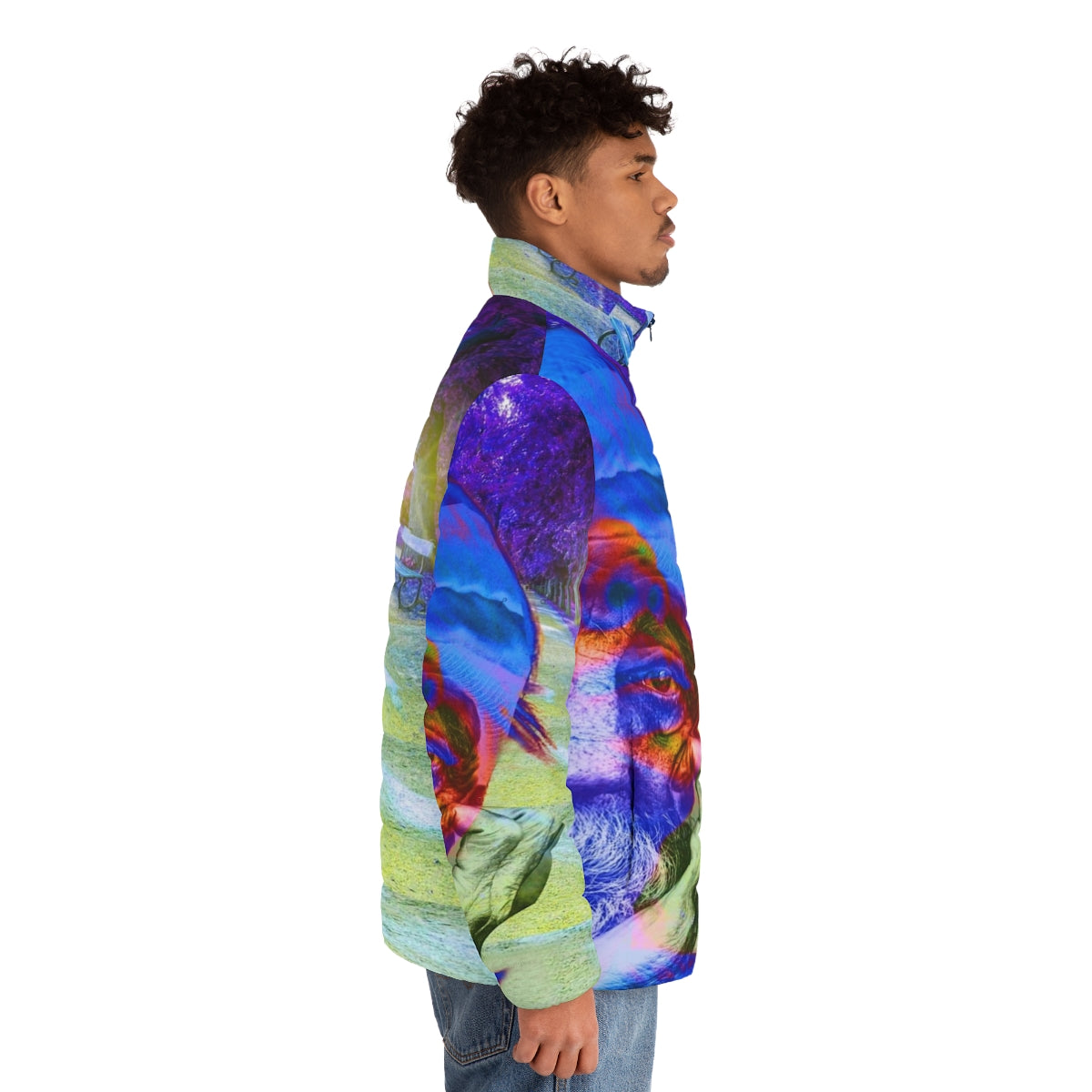 Homelessness puffer jacket with colorful and abstract patterns - men side right