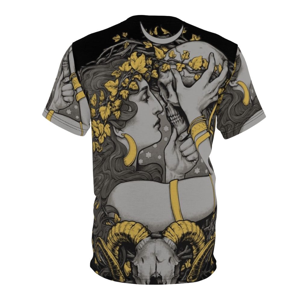 Witch-themed t-shirt with gothic, botanical design featuring a ram skull, human skull, and skeleton - Back