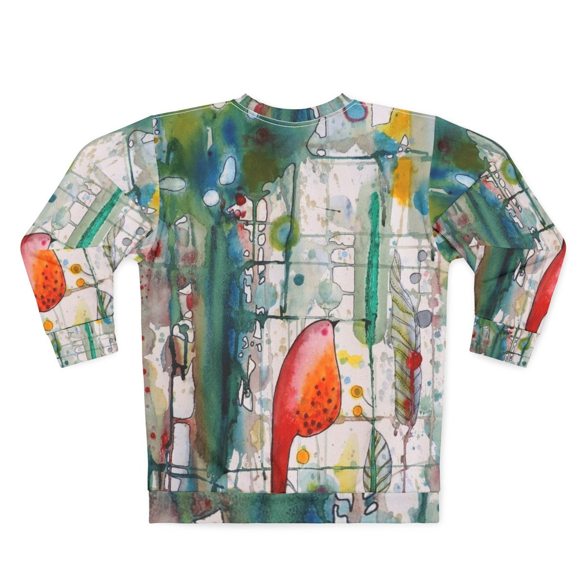 Watercolor bird sweatshirt with forest leaves and feathers - Back