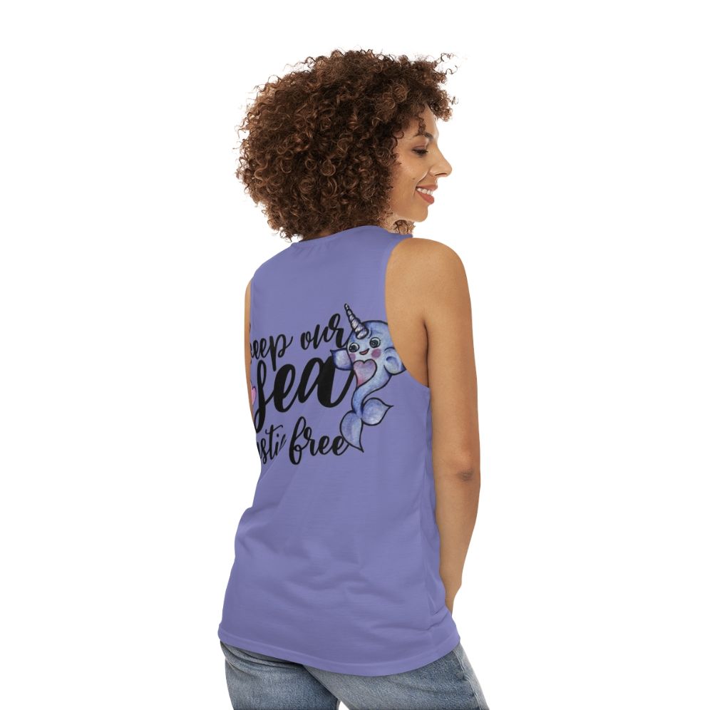 Unisex tank top with a narwhal design promoting ocean conservation and plastic-free initiatives - women back