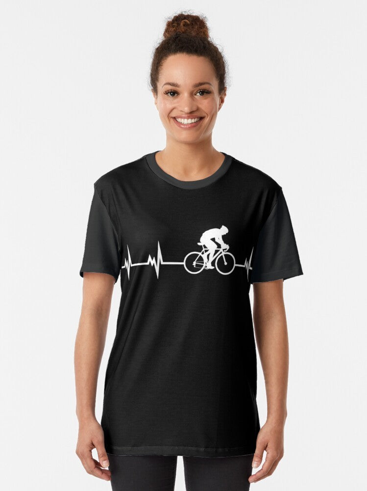 Cycling heartbeat graphic t-shirt with a heart-shaped bicycle design - Women