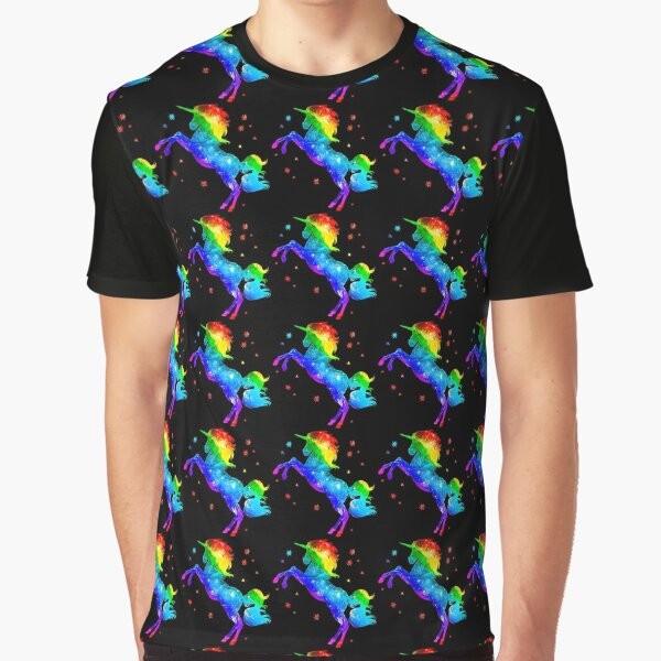 Vibrant graphic tee featuring a majestic unicorn against a captivating galaxy backdrop with swirling stars and a rainbow palette.