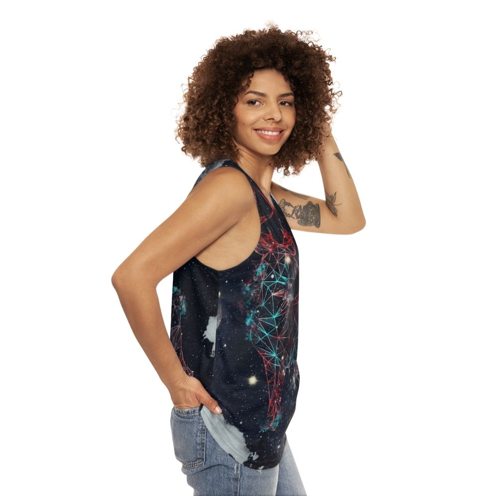 Celestial deer unisex tank top with nature and galaxy graphics - women side