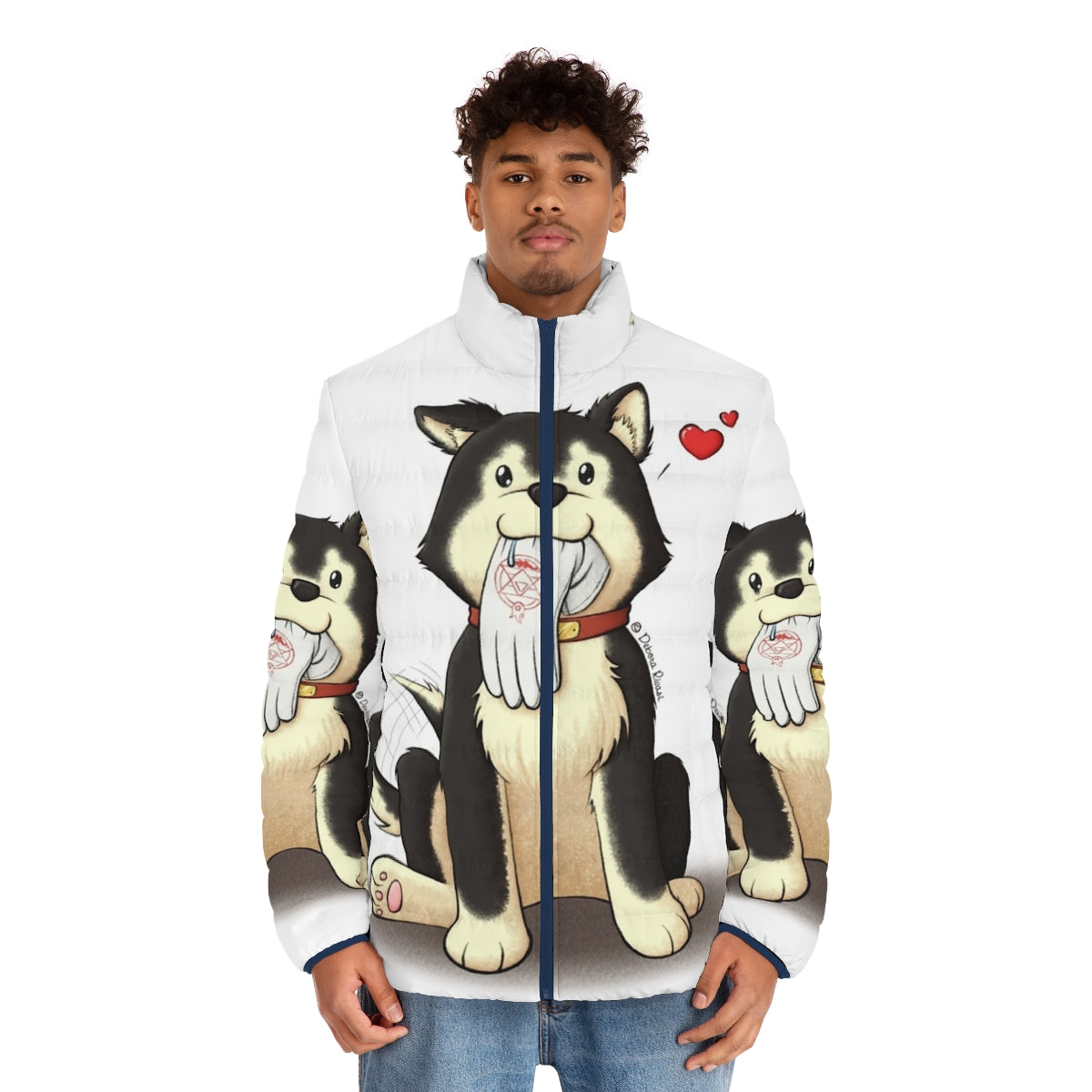 Black Hayate Puffer Jacket featuring the beloved Fullmetal Alchemist puppy - men front