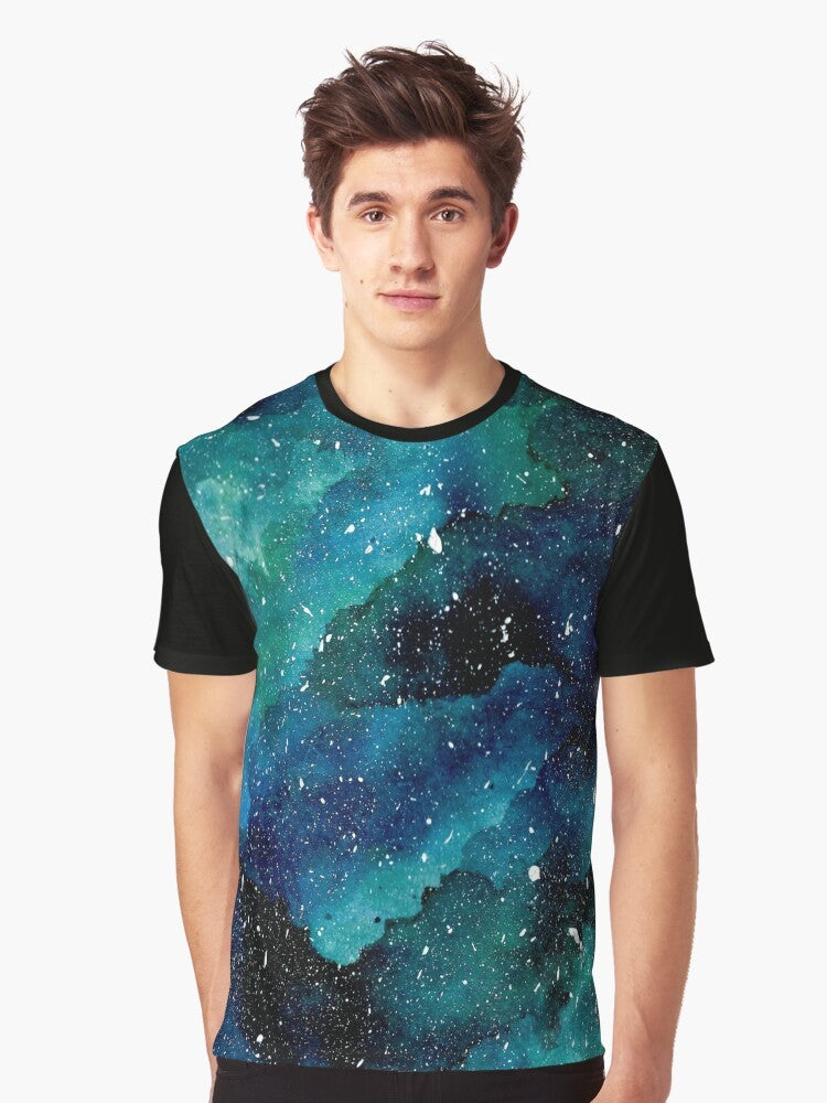 Emerald Galaxy Graphic T-Shirt featuring a colorful, watercolor-inspired design of the galaxy, stars, and planets. - Men