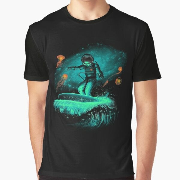 Astronaut surfing in outer space, cosmic surfer graphic t-shirt