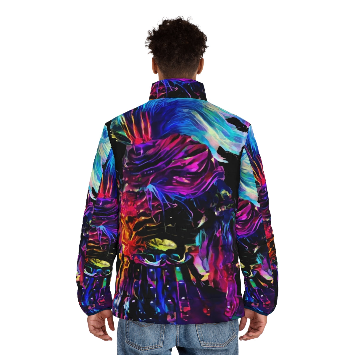 Nameless Synthwave King Puffer Jacket featuring a retro-futuristic, cyberpunk design. - men back