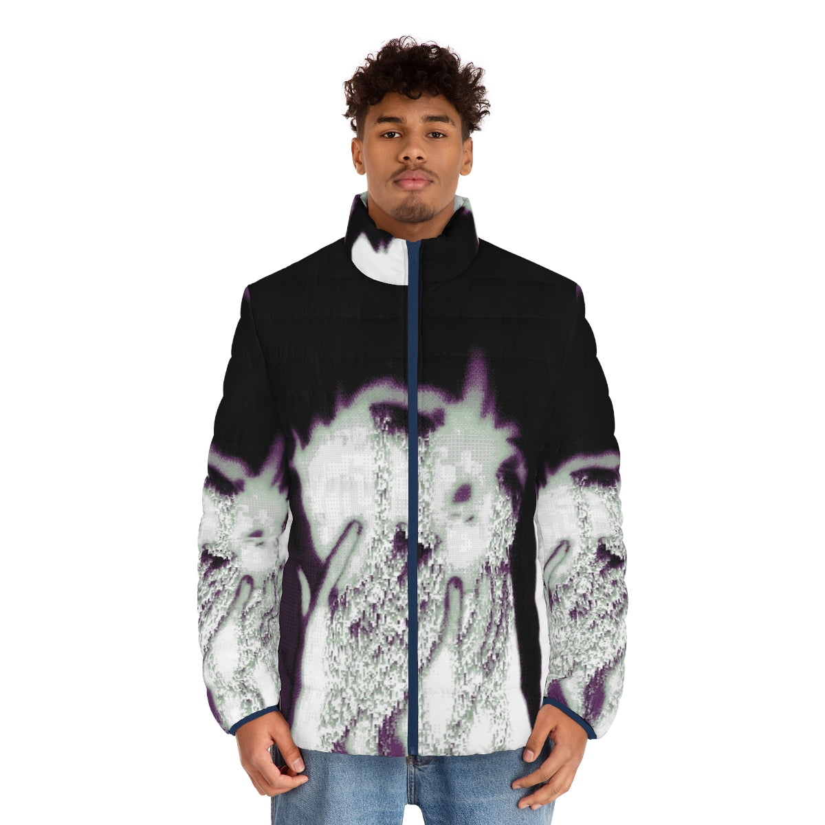 Puffer jacket with glitch art and pixel art design, perfect for winter and vaporwave streetwear - men front