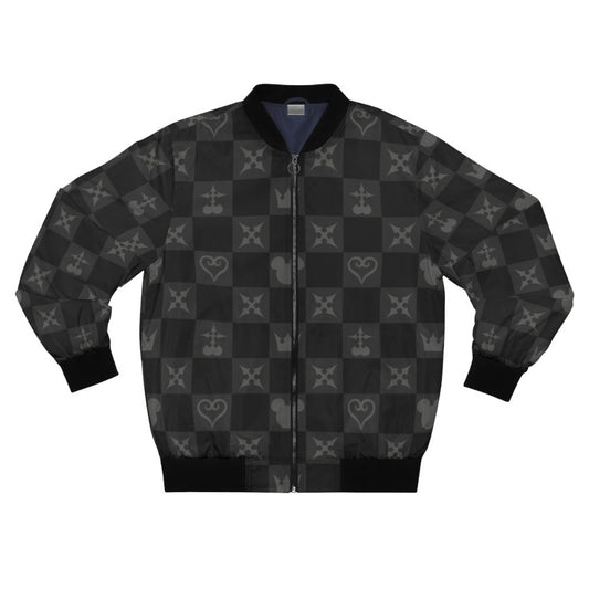 Kingdom Hearts patterned bomber jacket featuring iconic characters and symbols from the popular video game series.