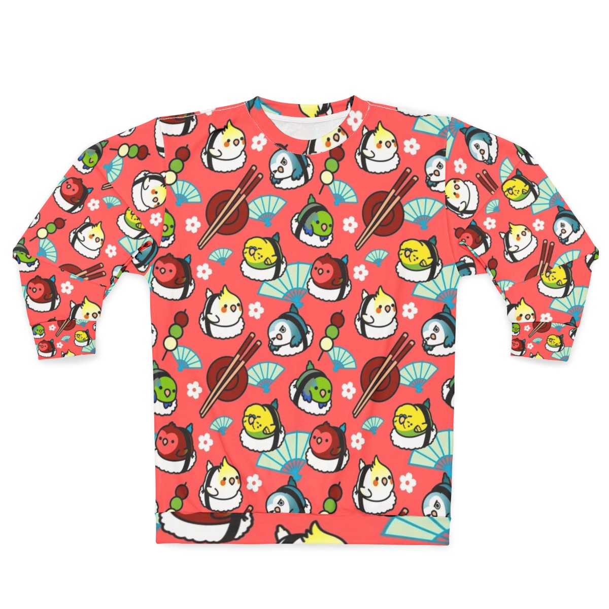 Colorful sushi time sweatshirt with Cody the lovebird