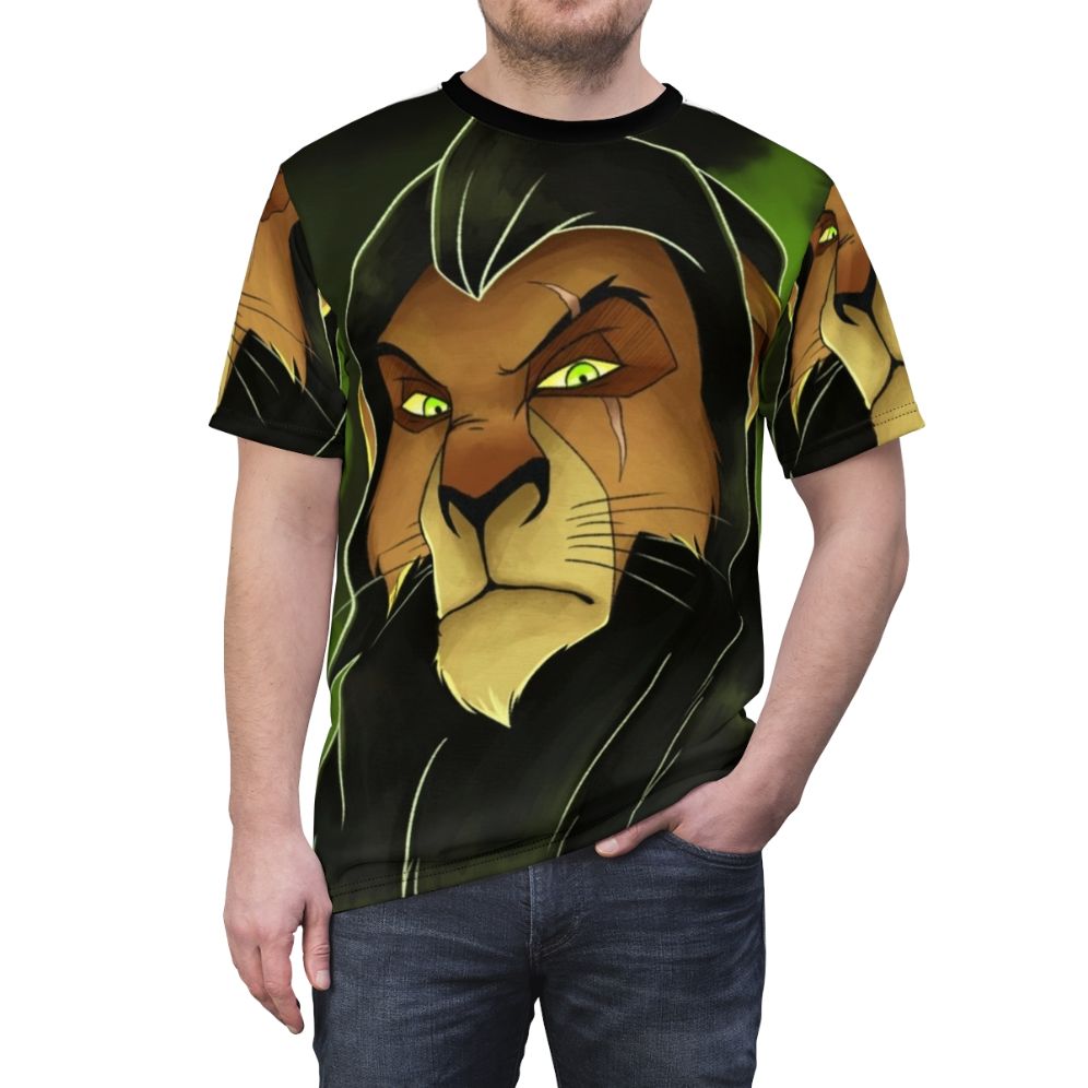 Scar Villain Graphic AOP T-shirt with lion, king, and wildlife elements inspired by The Lion King movie. - men front