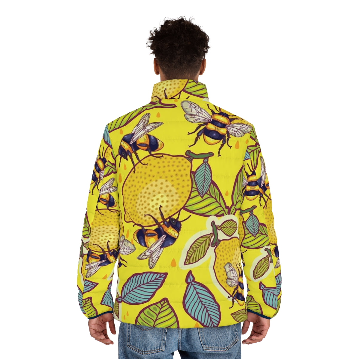 Yellow puffer jacket with bees and flowers in a garden - men back