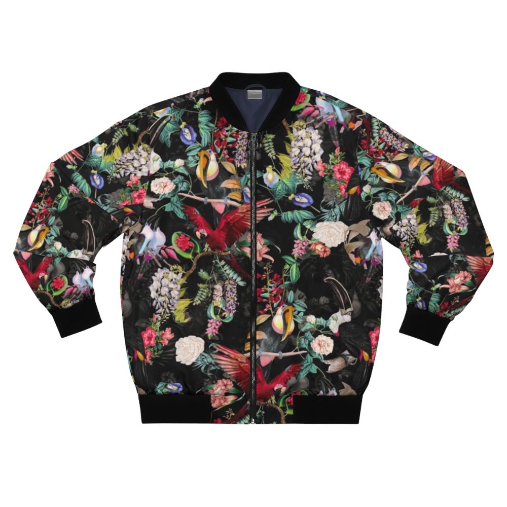 Colorful floral and bird pattern printed on a bomber jacket