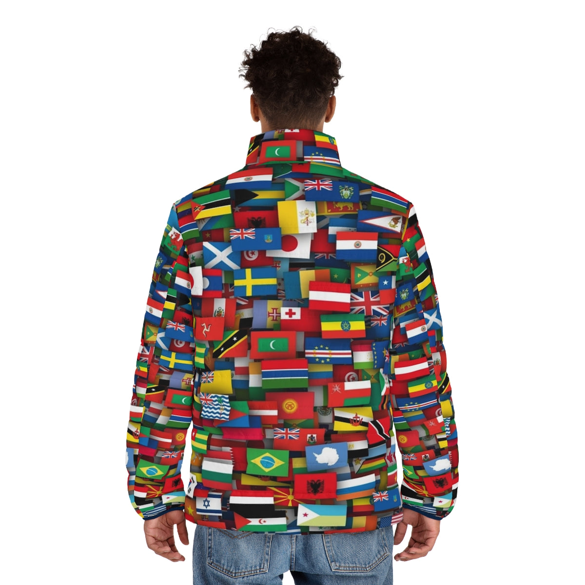 Flags of the world puffer jacket with vibrant national flag patterns - men back