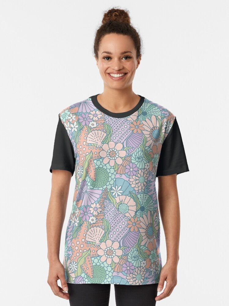 Ocean Garden Mermaid Cove Graphic T-Shirt featuring whimsical floral and seashell designs - Women