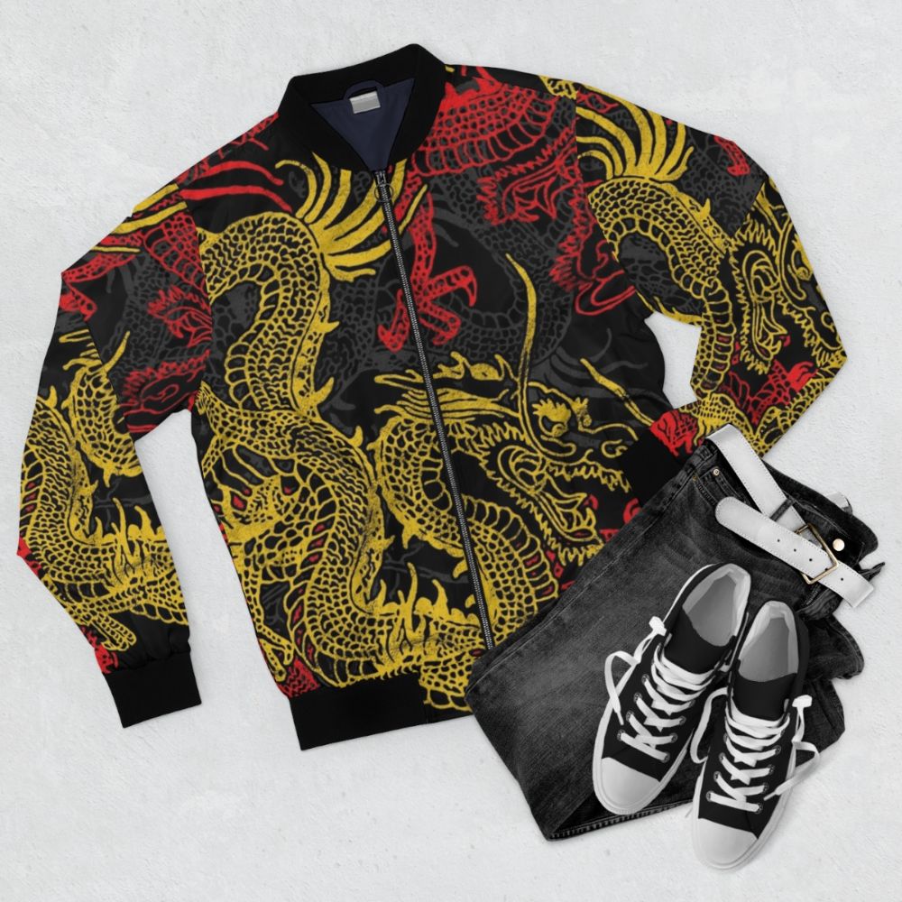 Bomber jacket with a golden Chinese dragon pattern, a mythical creature design. - Flat lay