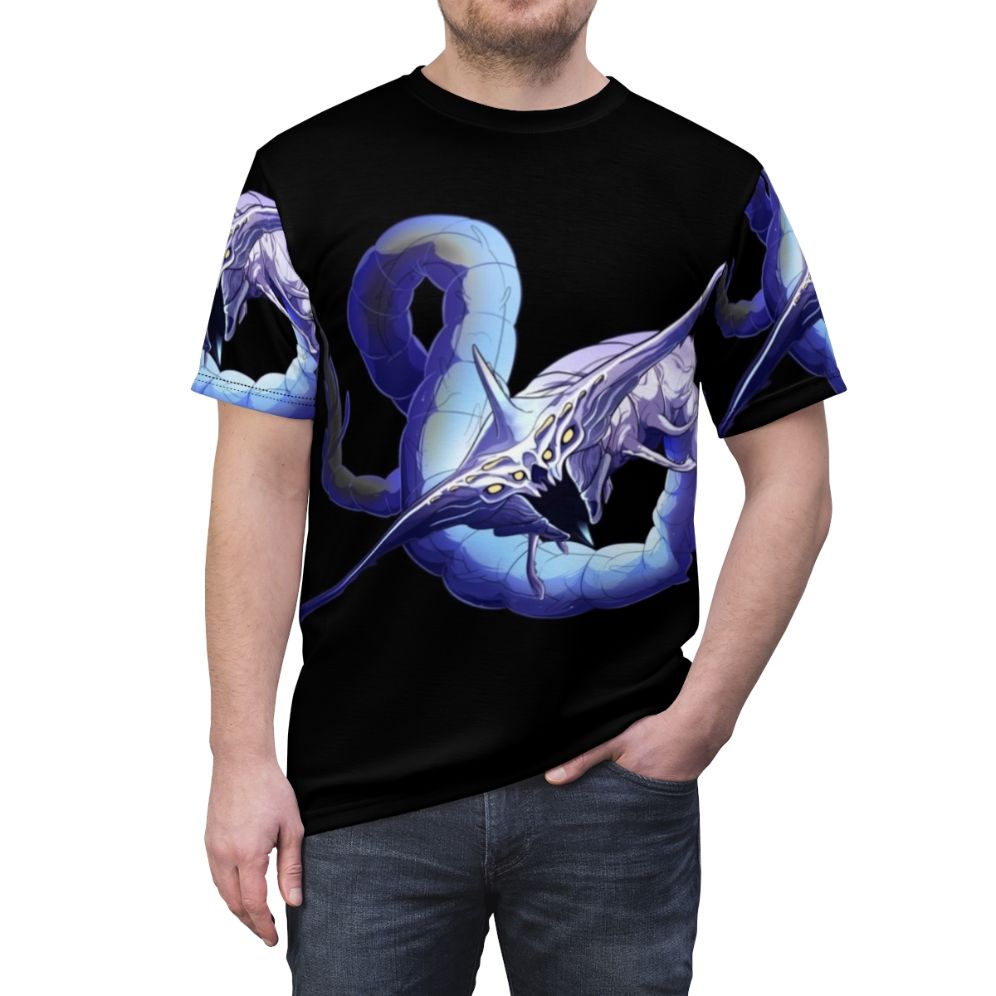 A T-shirt design featuring the fearsome Ghost Leviathan from the sci-fi game Subnautica. - men front