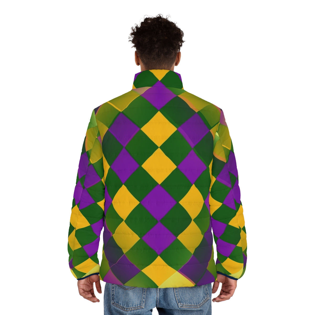 Mardi Gras puffer jacket with a colorful graphic design pattern - men back