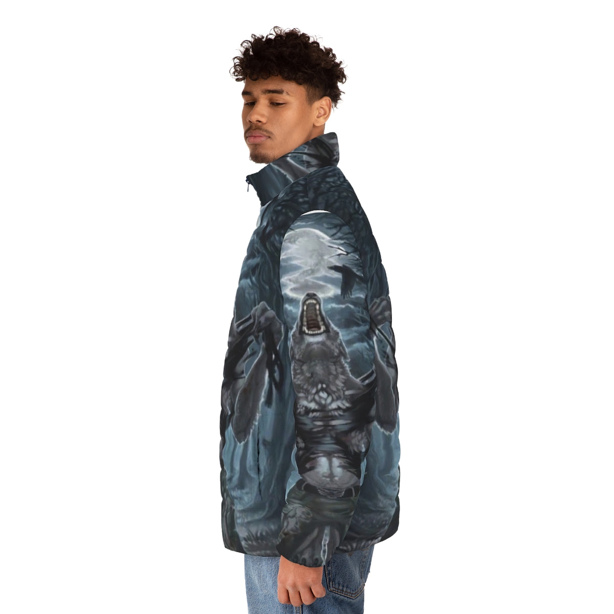 Werewolf ripping through a puffer jacket with claws on a scary moon background - men side left