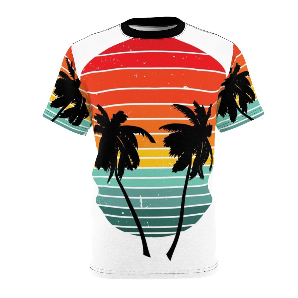 Person wearing a black t-shirt with a vivid tropical palm tree and sunrise silhouette design