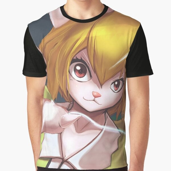 Carrot graphic design on a white t-shirt with anime-inspired girl, bunny, and mink elements.