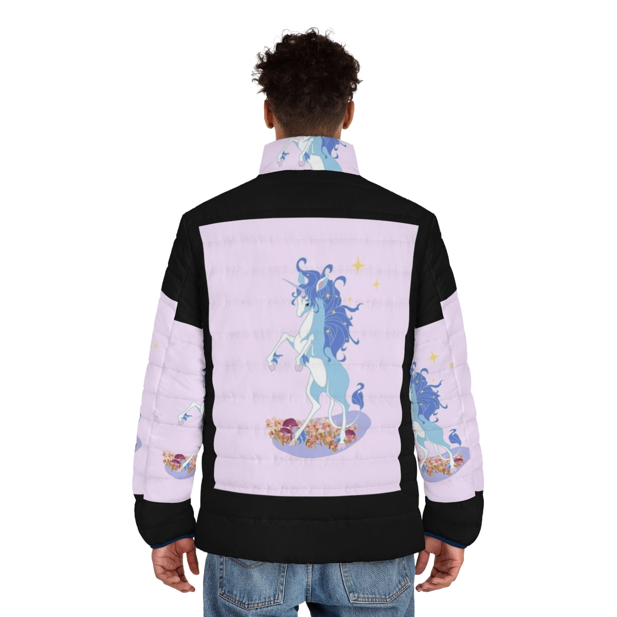 A whimsical puffer jacket featuring the iconic unicorn from the beloved fantasy film The Last Unicorn. - men back