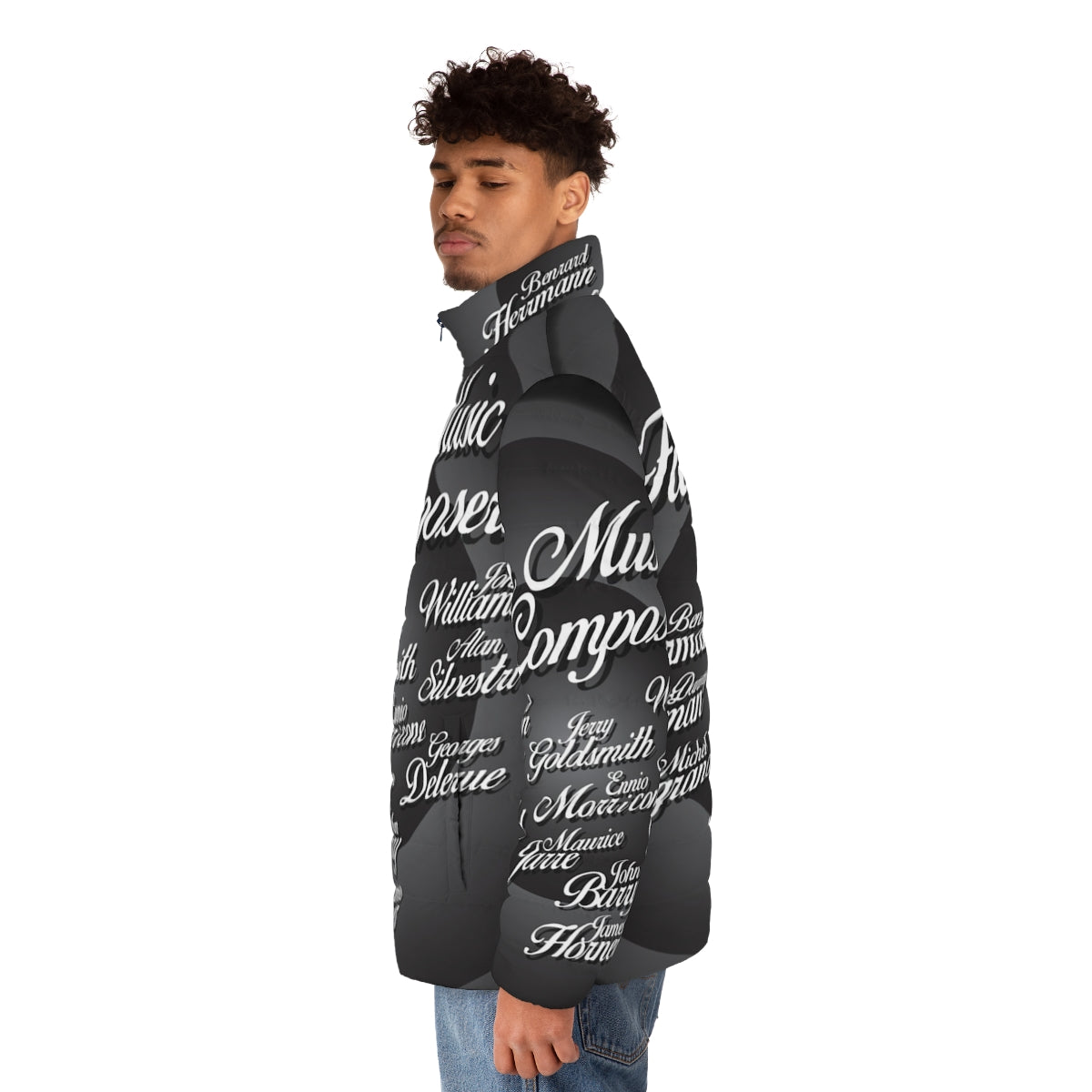 A puffer jacket featuring the names of iconic movie music composers. - men side left