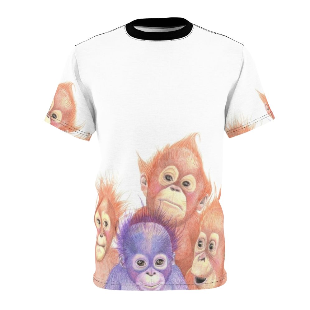 Orangutan baby in orange and purple print on t-shirt