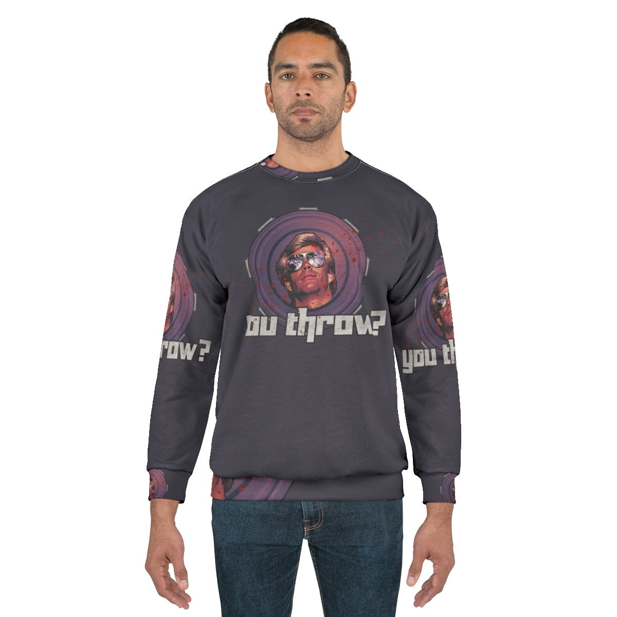 80s inspired "You Throw" sweatshirt with frisbee and action movie graphics - men