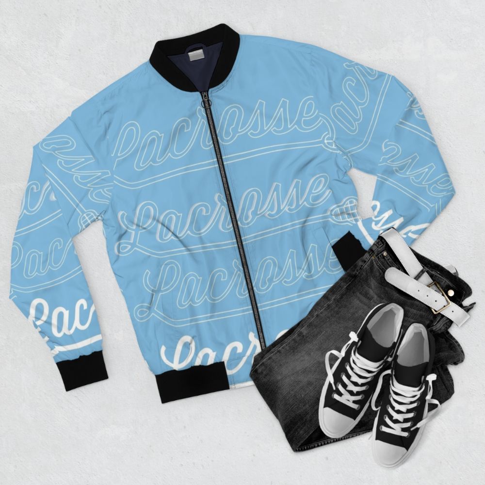 Lacrosse Hopkins Blue Bomber Jacket for Westwood Warriors - Flat lay