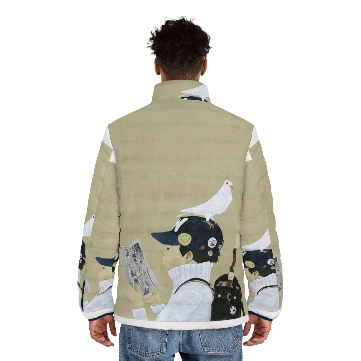 Taiyo Matsumoto inspired puffer jacket featuring the artist's unique illustration style - men back