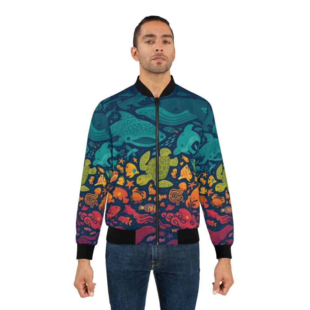 Aquatic Spectrum Sea Creatures Bomber Jacket with colorful ocean-themed graphics - Lifestyle