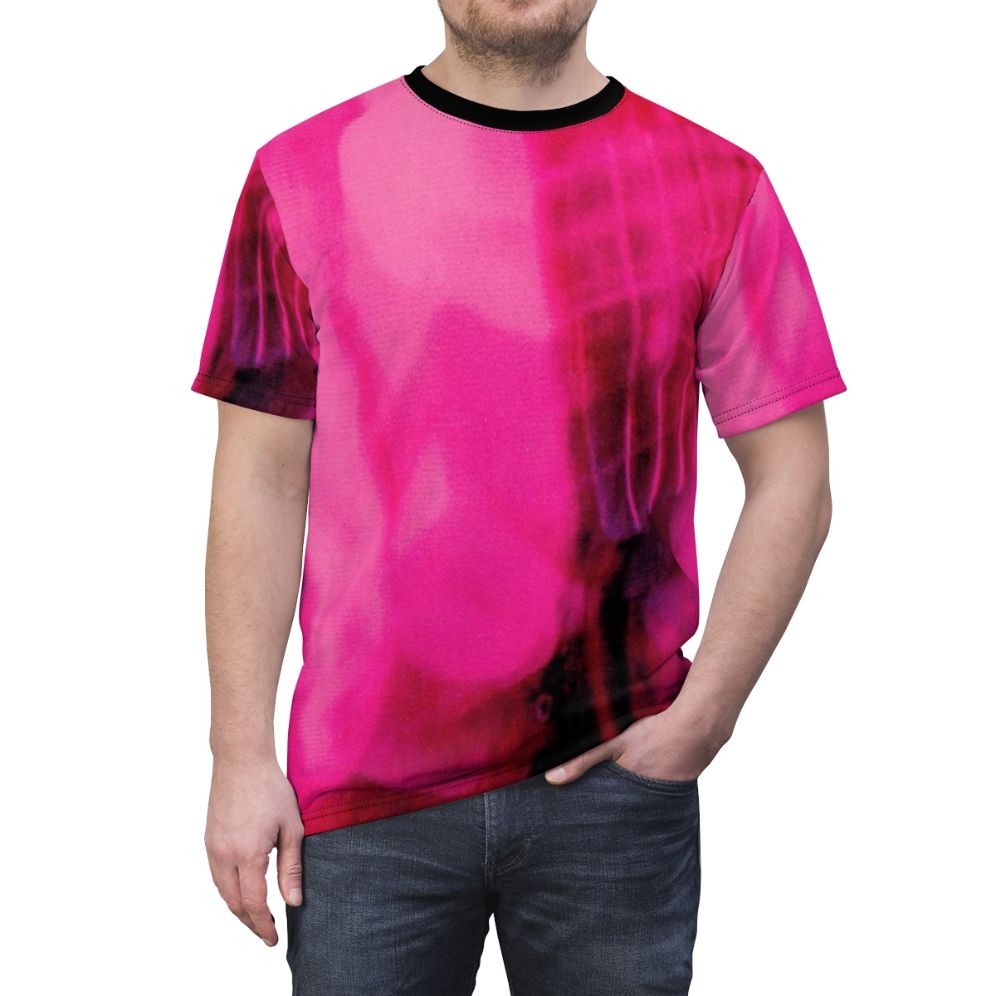 Loveless-inspired shoegaze t-shirt featuring a pink and guitar design - men front