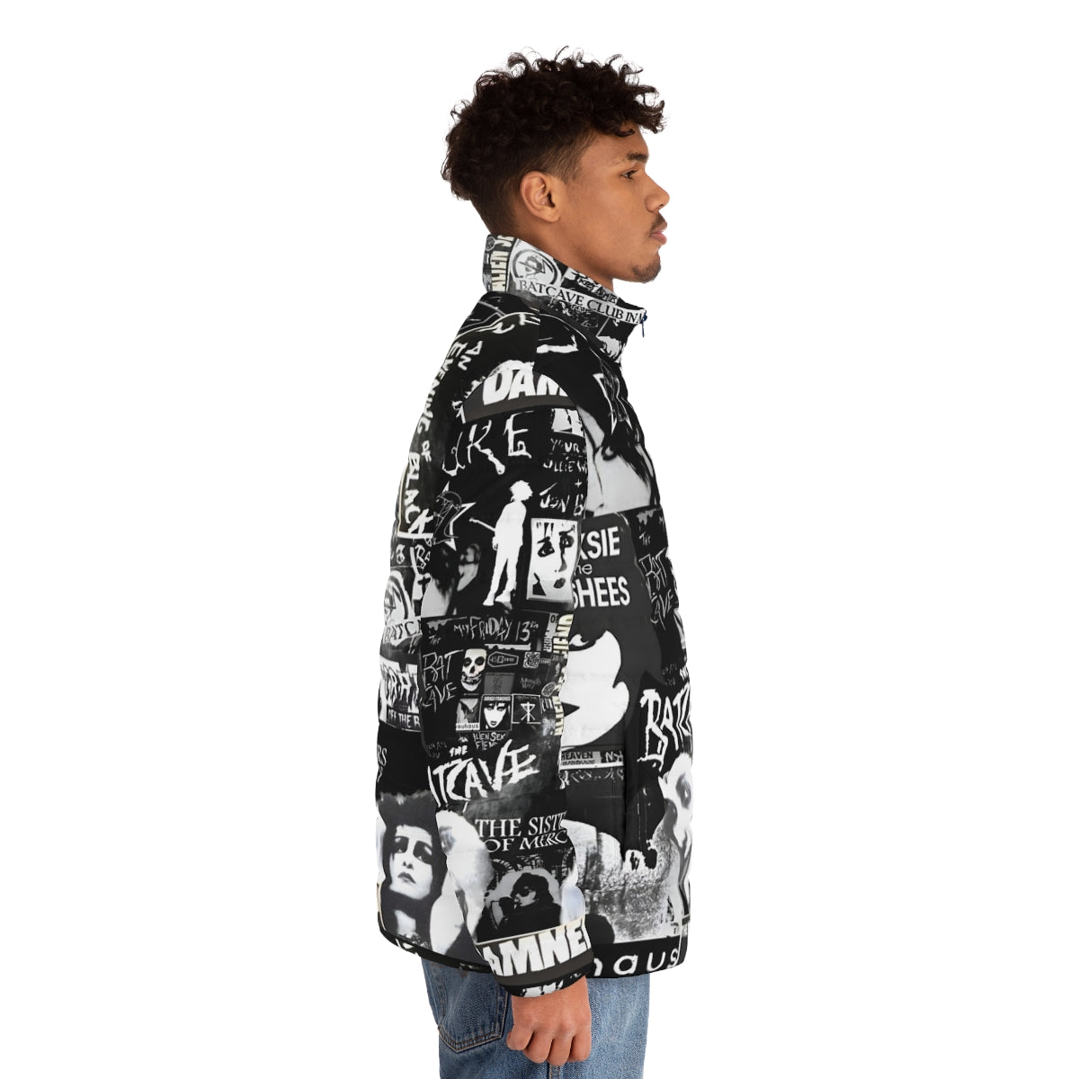 Goth puffer jacket with collage design inspired by 80s music - men side right