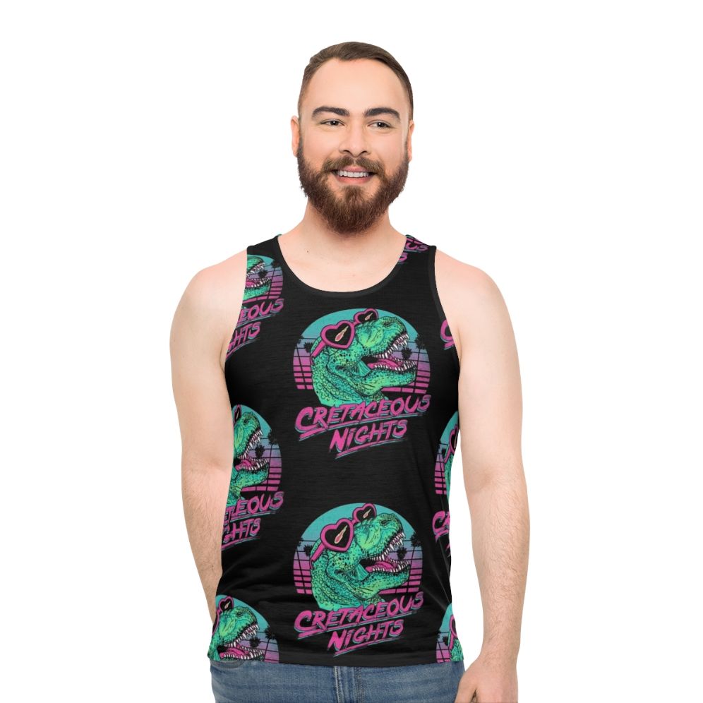 Tyrannosaurus rex dinosaur graphic on a retro-style unisex tank top - men