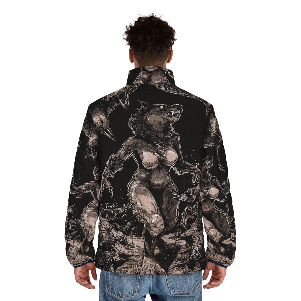 Puffer jacket with wolf and werewolf design for outdoor adventures - men back