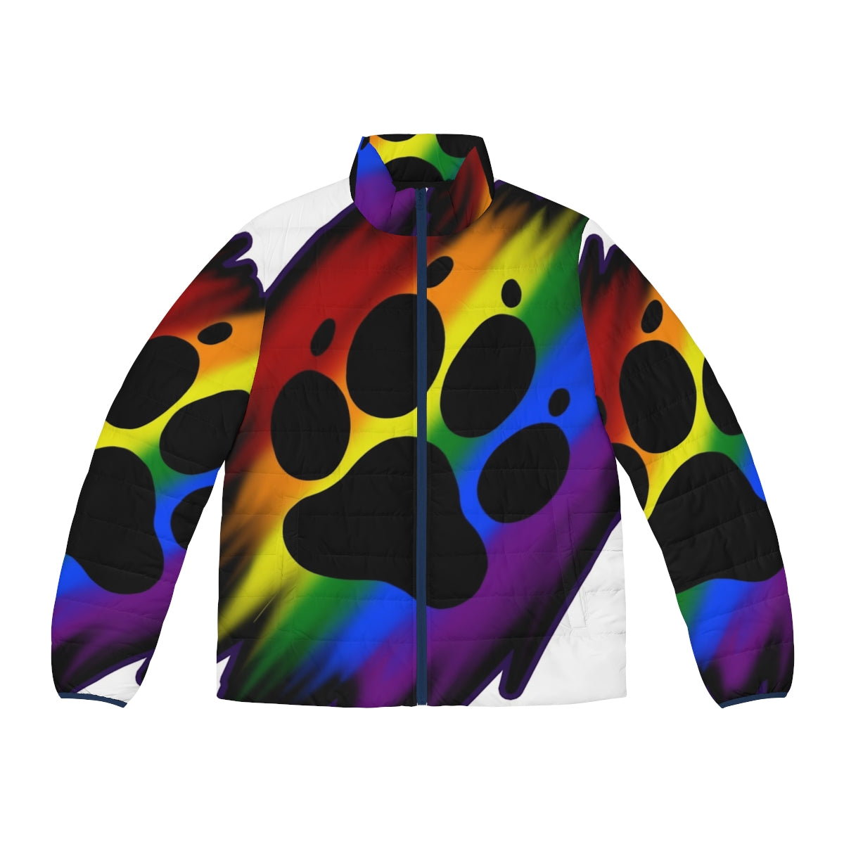 Colorful and cozy rainbow puffer jacket with animal paw design