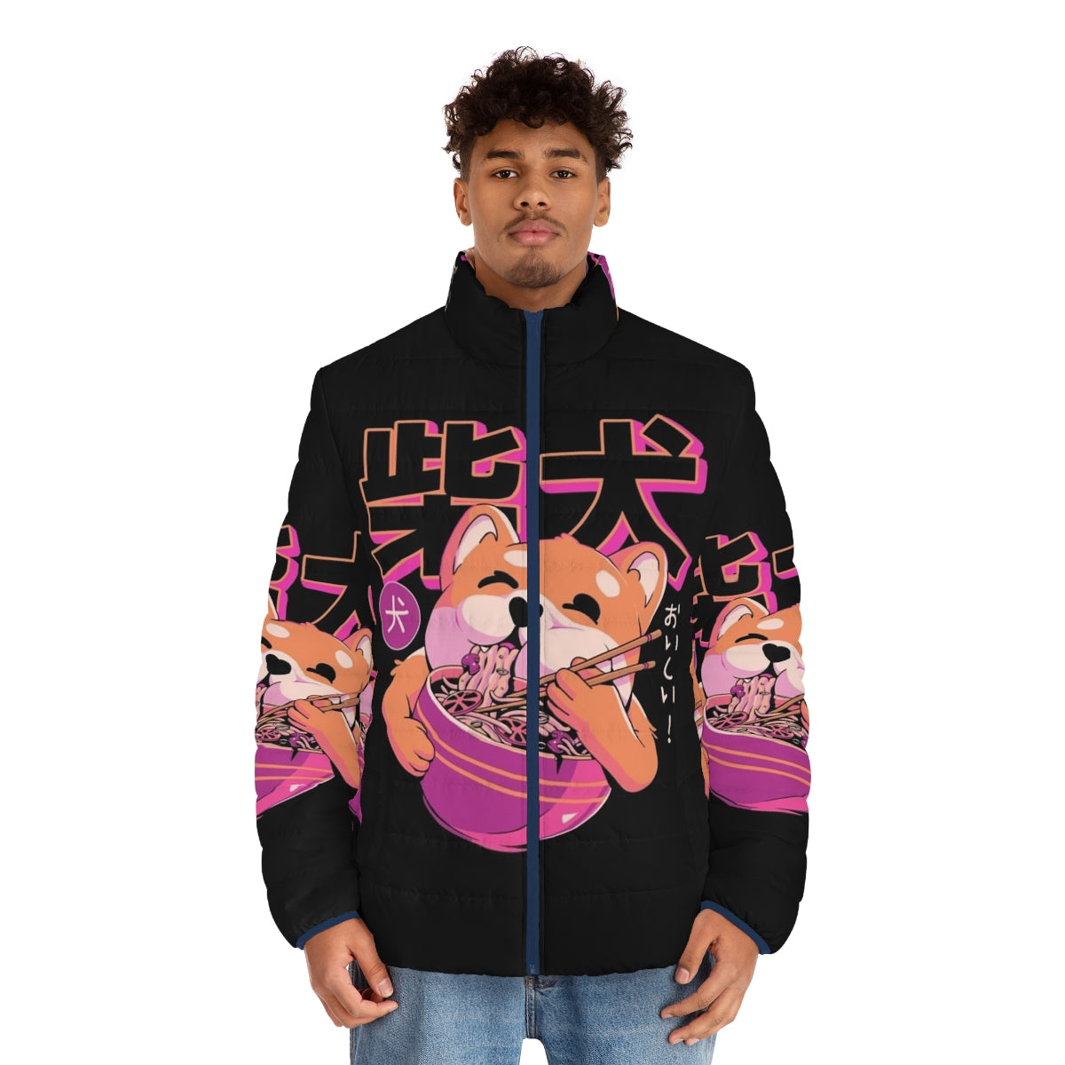 Shiba Noodles Puffer Jacket featuring a cute Shiba Inu dog and Japanese ramen noodles design - men front