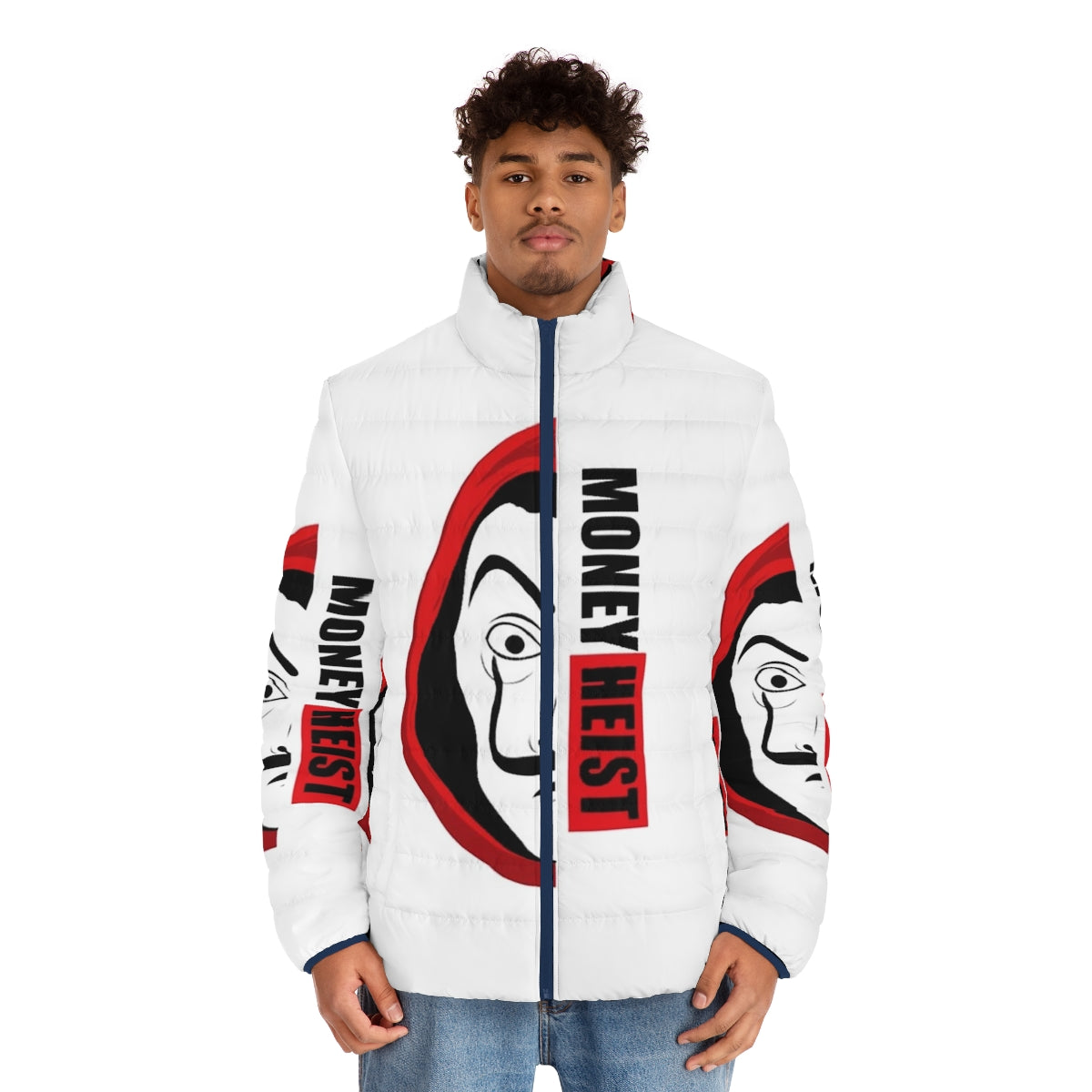 Money Heist Puffer Jacket featuring iconic characters and logo - men front