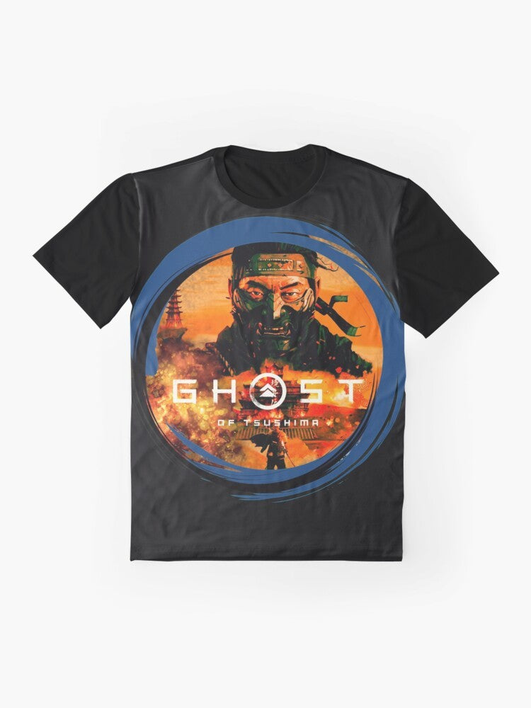 A stylized graphic t-shirt featuring the ghost of tsushima, samurai, ninjas, and Japanese art. - Flat lay