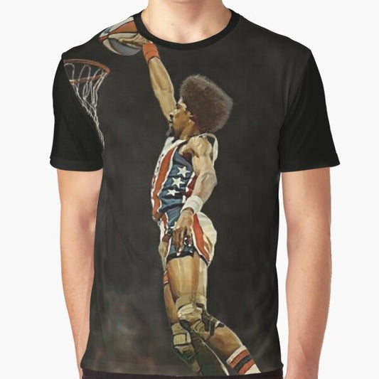 Graphic t-shirt featuring the iconic portrait of basketball legend Dr. J, Julius Erving, with the 76ers logo.